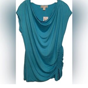 NWT Michael Kors Turquoise Blue Drape Neck Cap Sleeve Top Blouse Shirt Shirred